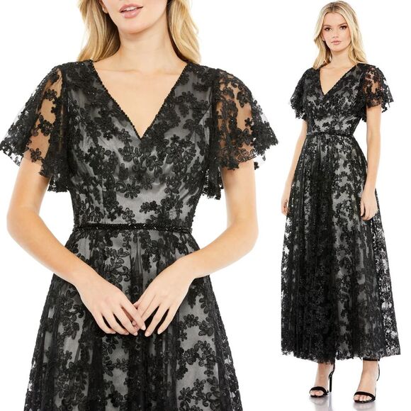 Mac Duggal NEW Black Embroidered Flutter Sleeve A-Line Midi Dress $698 - Size 8 Mac Duggal NEW Black Embroidered Flutter Sleeve A-Line Midi Dress $698 - Size 8